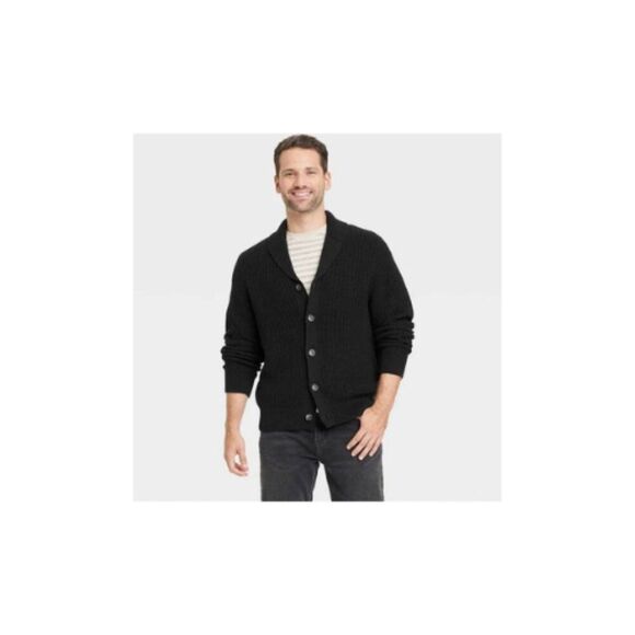 Men's V-Neck Cardigan Sweater Goodfellow Collared Shawl Size Large Black - Picture 1 of 5